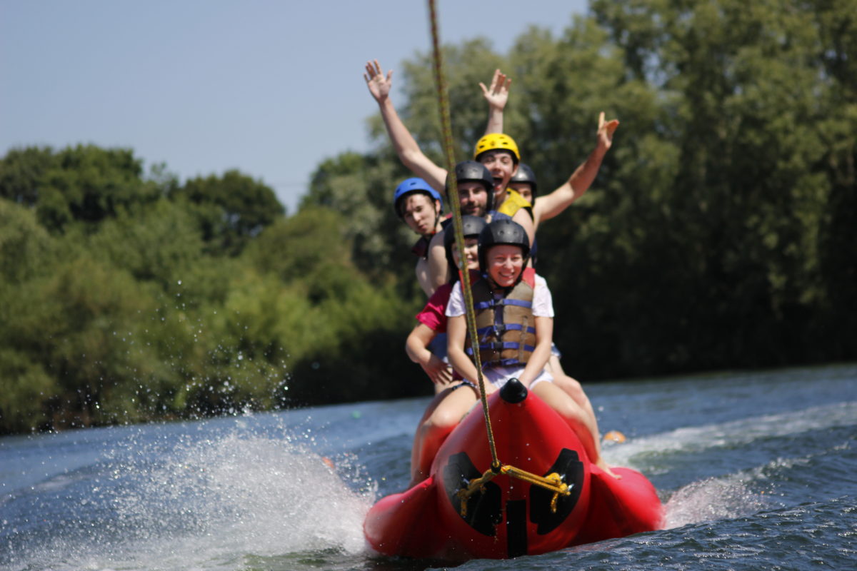 Water sports in reading Banana Rides behind the speedboat